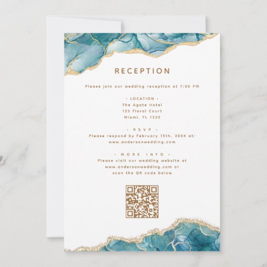 Agate QR-code turquoise teal goud bruiloft Kaart (Achterkant)