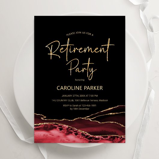 Agate Red Black Gold Retirement Party Kaart