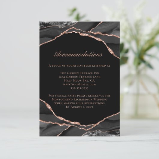 Agate Roos Gold Foil Black Wedding Accommodations Informatiekaartje (Staand voorkant)