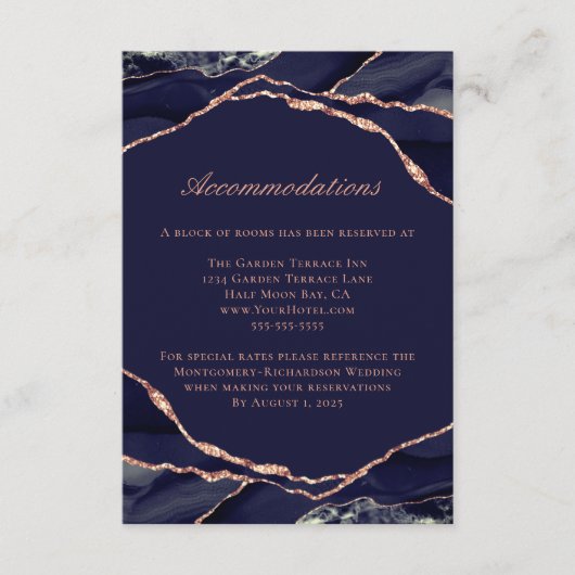 Agate Roos Gold Foil marine Wedding Accommodations Informatiekaartje (Voorkant)