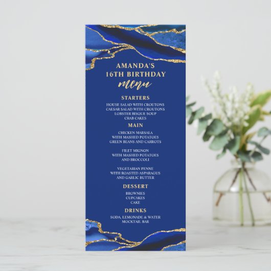 Agate Royal Blue en Gold Menu (Staand voorkant)