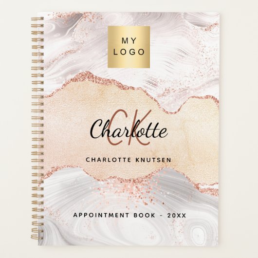 Agate roze goud monogram logo zakelijk 2027 planner (Voorkant)