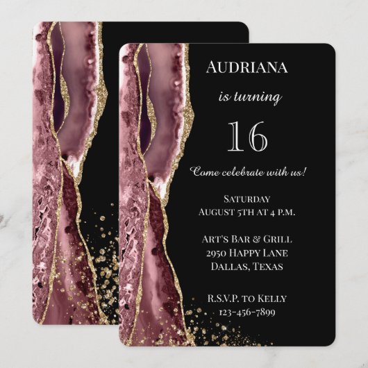 Agate Roze Zwart Roos Gouden Glitter 16e Verjaarda Kaart (Voorkant / Achterkant)