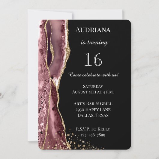 Agate Roze Zwart Roos Gouden Glitter 16e Verjaarda Kaart (Voorkant)