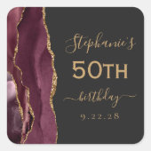Agate Script Burgundy Goud Donker 50ste Verjaardag Vierkante Sticker (Voorkant)