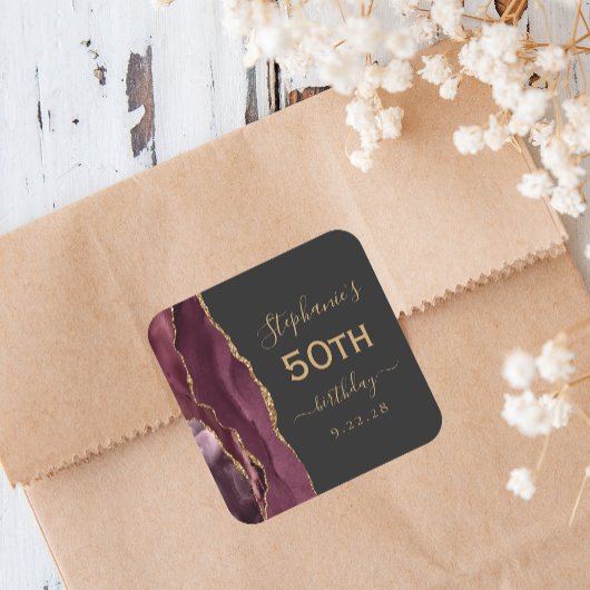 Agate Script Burgundy Goud Donker 50ste Verjaardag Vierkante Sticker