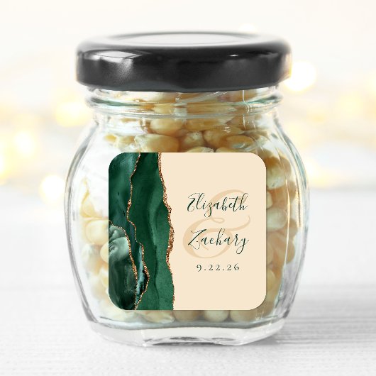 Agate Script Emerald Green Gold Champagne Wedding Vierkante Sticker