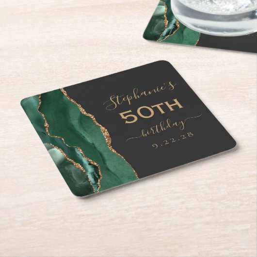 Agate Script Emerald Green Gold Dark 50e verjaarda Kartonnen Onderzetters (Schuin)