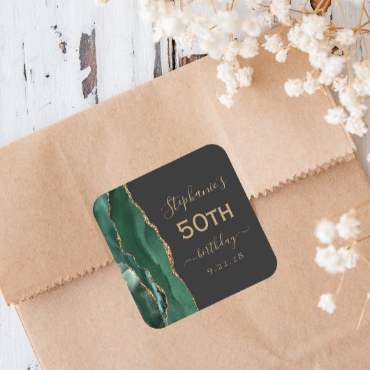 Agate Script Emerald Green Gold Dark 50e verjaarda Vierkante Sticker