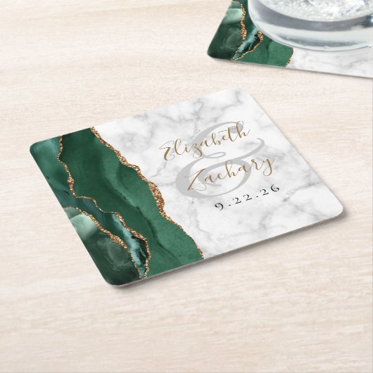 Agate Script Emerald Green Gold Marble Wedding Kartonnen Onderzetters (Schuin)