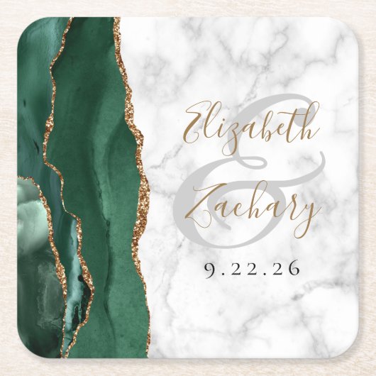 Agate Script Emerald Green Gold Marble Wedding Kartonnen Onderzetters (Voorkant)