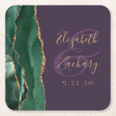 Agate Script Emerald Green Gold Paarse bruiloft Kartonnen Onderzetters (Voorkant)
