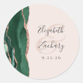 Agate Script Emerald Green Roos Gold Blush Wedding Ronde Sticker (Voorkant)