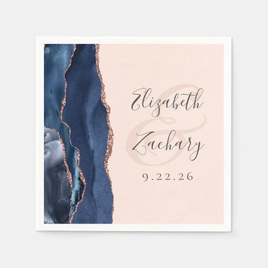Agate Script Navy Blue Roos Gold Blush Wedding Servet (Voorkant)