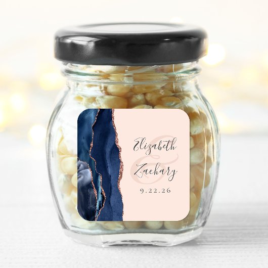 Agate Script Navy Blue Roos Gold Blush Wedding Vierkante Sticker