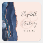 Agate Script Navy Blue Roos Gold Blush Wedding Vierkante Sticker (Voorkant)