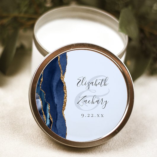 Agate Script Navy Lichtblauw Gouden Trouw Ronde Sticker