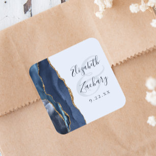 Agate Script Navy Lichtblauw Gouden Trouw Vierkante Sticker