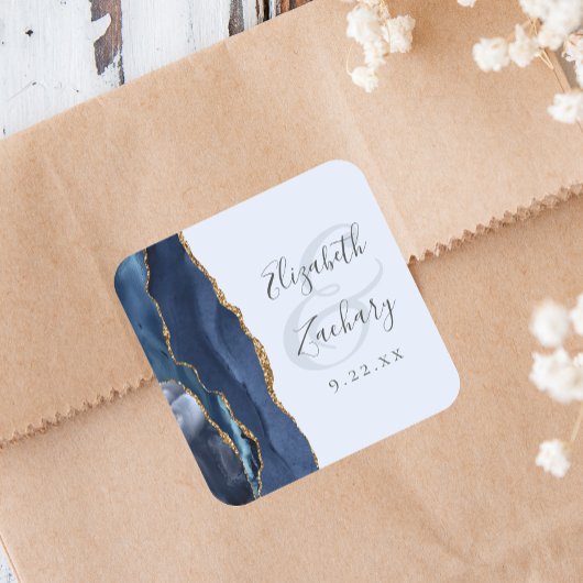 Agate Script Navy Pale Blue Gold Wedding Vierkante Sticker