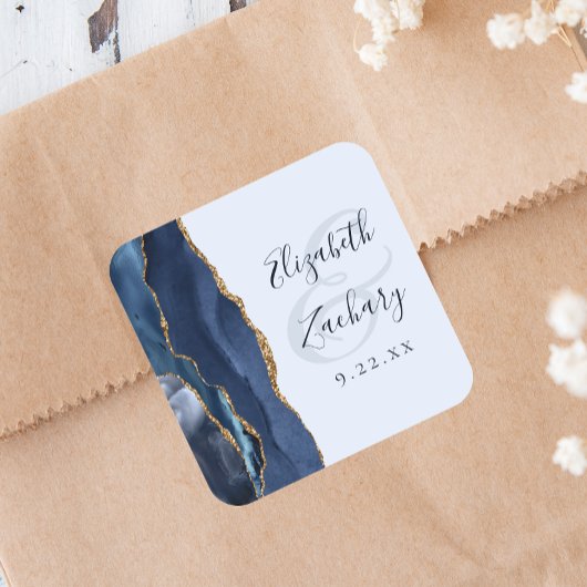 Agate Script Navy Pale Blue Gold Wedding Vierkante Sticker