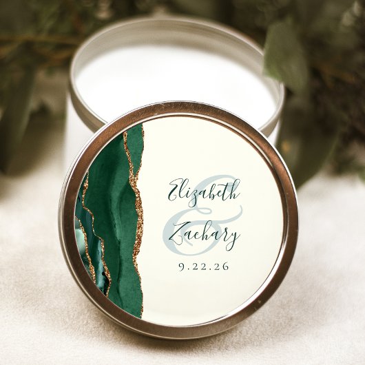 Agate Script Smaragdgroen Goud Ivoor Trouw Ronde Sticker
