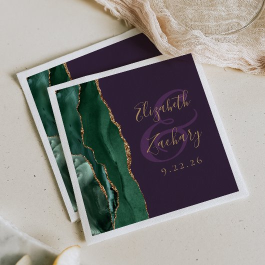 Agate Script Smaragdgroene Gouden Paarse Bruiloft Servet