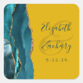 Agate Script Turkoois Goud Mosterd Gele Trouw Vierkante Sticker (Voorkant)