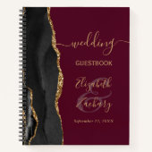 Agate Script Zwart Goud Bourgogne Wedding Gast Notitieboek (Voorkant)