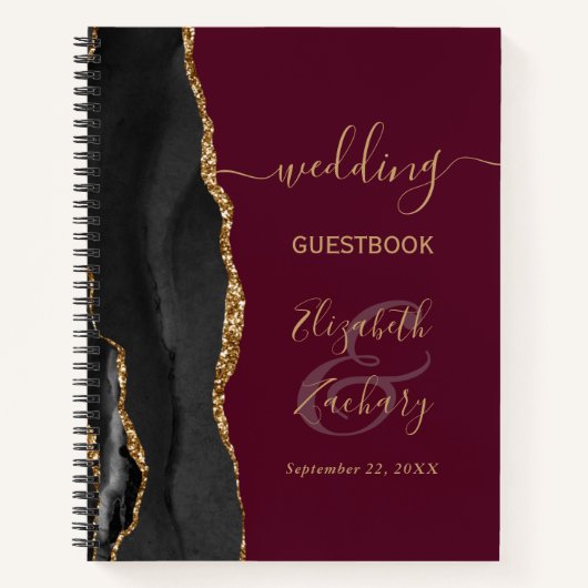Agate Script Zwart Goud Bourgogne Wedding Gast Notitieboek (Voorkant)