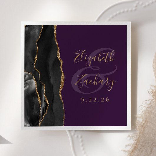 Agate Script Zwart Goud Diep Paarse Trouw Servet