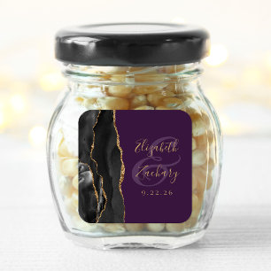Agate Script Zwart Goud Diep Paarse Trouw Vierkante Sticker