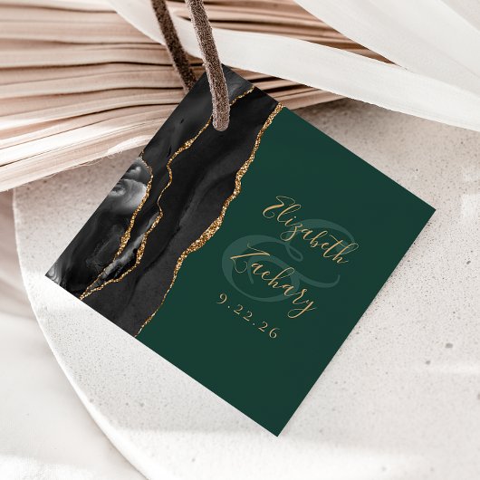 Agate Script Zwart Goud Smaragdgroene Trouw Bedankjes Labels