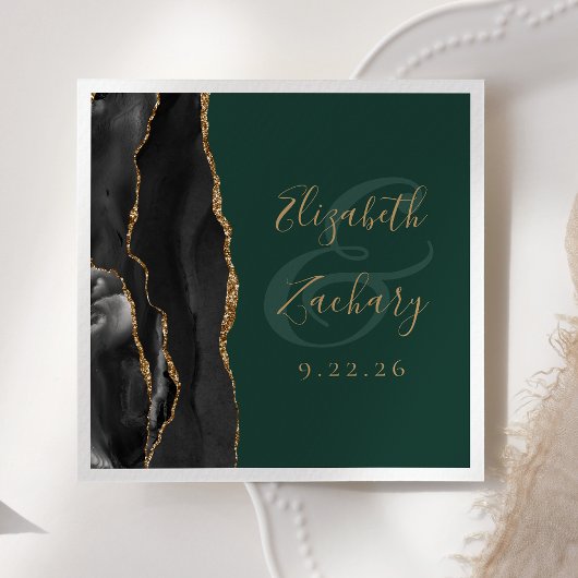 Agate Script Zwart Goud Smaragdgroene Trouw Servet