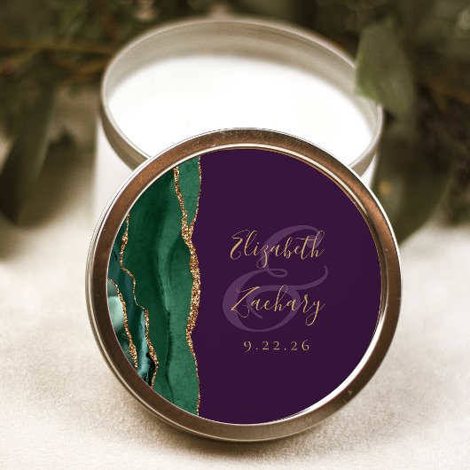 Agate Smaragdgroen Goud Schrift Paars Trouwen Ronde Sticker