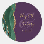 Agate Smaragdgroen Goud Schrift Paars Trouwen Ronde Sticker (Voorkant)