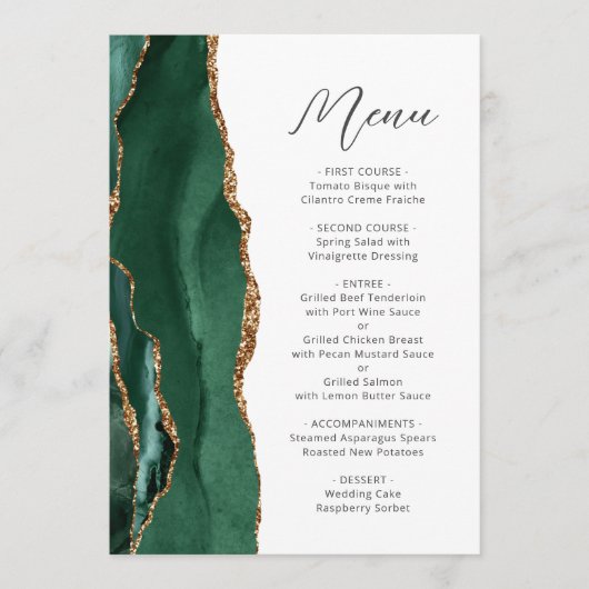 Agate Smaragdgroene Gouden Script Bruiloft Menu (Voorkant)