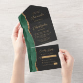 Agate Smaragdgroene Gouden Script Donkere Huwelijk All In One Uitnodiging (Afscheurbaar)