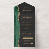 Agate Smaragdgroene Gouden Script Donkere Huwelijk All In One Uitnodiging (Binnen)