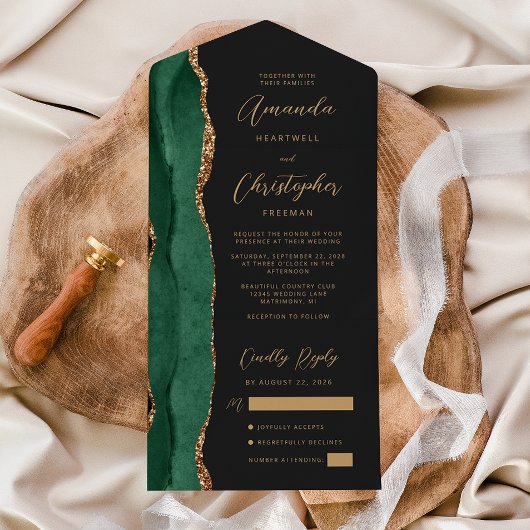 Agate Smaragdgroene Gouden Script Donkere Huwelijk All In One Uitnodiging