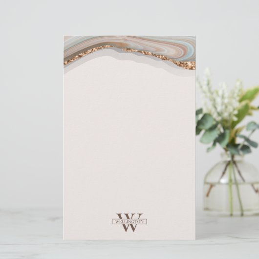 Agate Steen Marmer Monogram Naam Briefpapier (Staand voorkant)