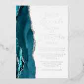 Agate Teal Blau Zilver Script Bruiloft Folie Uitnodiging (Voorkant)