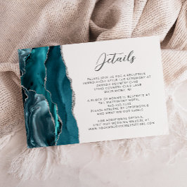 Agate Teal Blau Zilveren Huwelijksdetails Script Informatiekaartje