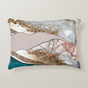 Agate Teal Blauw Goud Glitter Marmer Aqua Turquois Accent Kussen