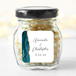 Agate Teal Blauw Goud Schrift Bruiloft Vierkante Sticker