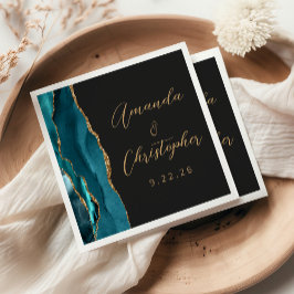 Agate Teal Blauw Goud Schrift Donkere Bruiloft Servet