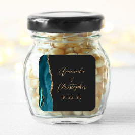 Agate Teal Blauw Goud Schrift Donkere Bruiloft Vierkante Sticker