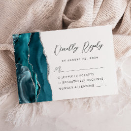 Agate Teal Blauw Zilver Modern Schrift Huwelijk RSVP Kaartje