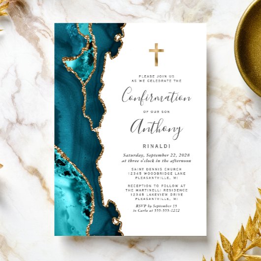 Agate Teal Blauwe Goud Glitter Bevestiging Kaart