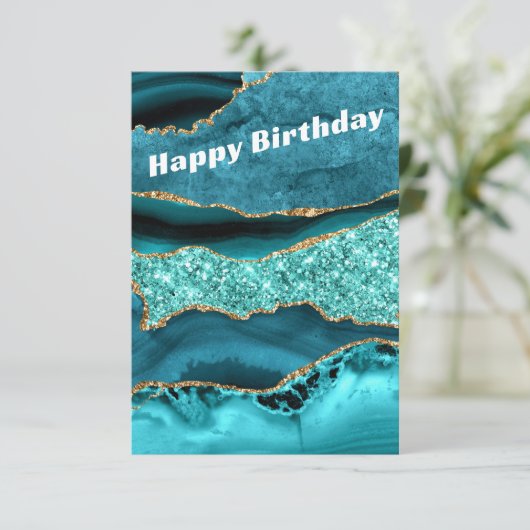 Agate Teal Blauwe Gouden Aqua Turquoise Verjaardag Kaart (Staand voorkant)