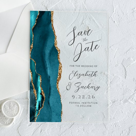 Agate Teal Goud Moderne Script Huwelijk Acryl Uitnodigingen